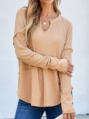 Women's Waffle-Knit Notched Long Sleeve T-Shirt