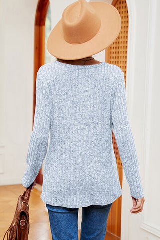 Women's Eyelet Ribbed Round Neck Long Sleeve T-Shirt