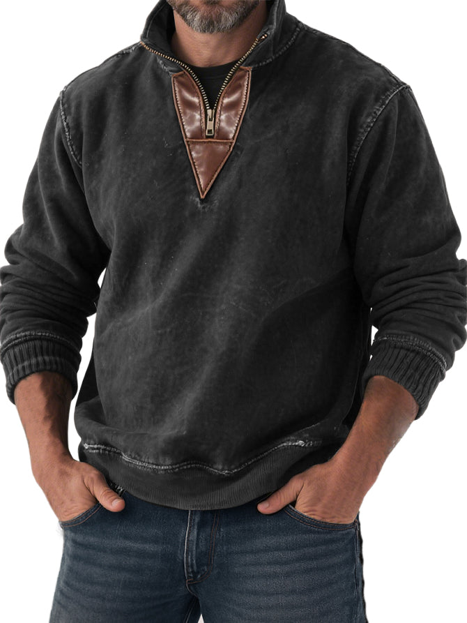 Men's Vintage Casual Patchwork Half-zip Stand-up Collar Casual Sweatshirt