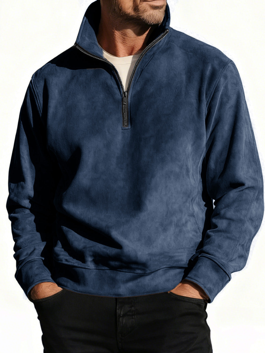 Men's Stylish Casual Suede Fabric Stand-up Collar Half-zip Long-sleeved Sweatshirt 