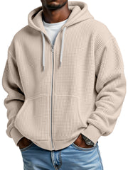 Men's Casual Solid Color Waffle Long Sleeve Hooded Coat