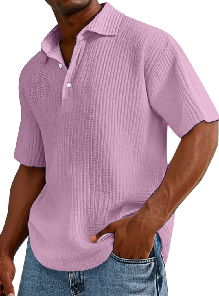 Men's Casual Solid Color Pleated Texture Short-sleeved Button Polo Shirt