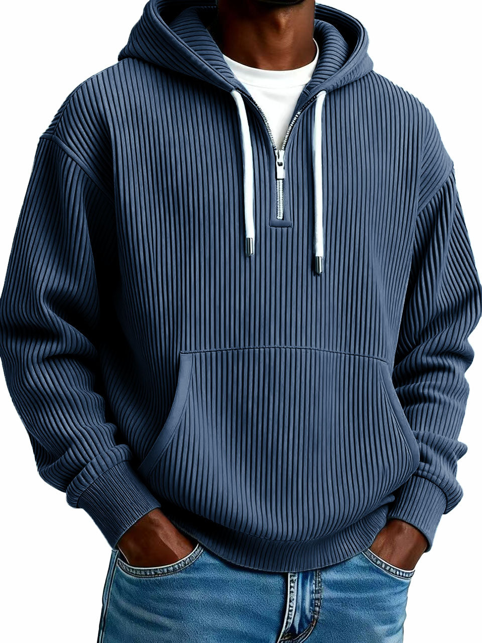 Men's Stylish Casual Ribbed Fabric Half-zip Pocket Hooded Sweatshirt