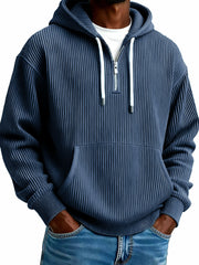 Men's Stylish Casual Ribbed Fabric Half-zip Pocket Hooded Sweatshirt