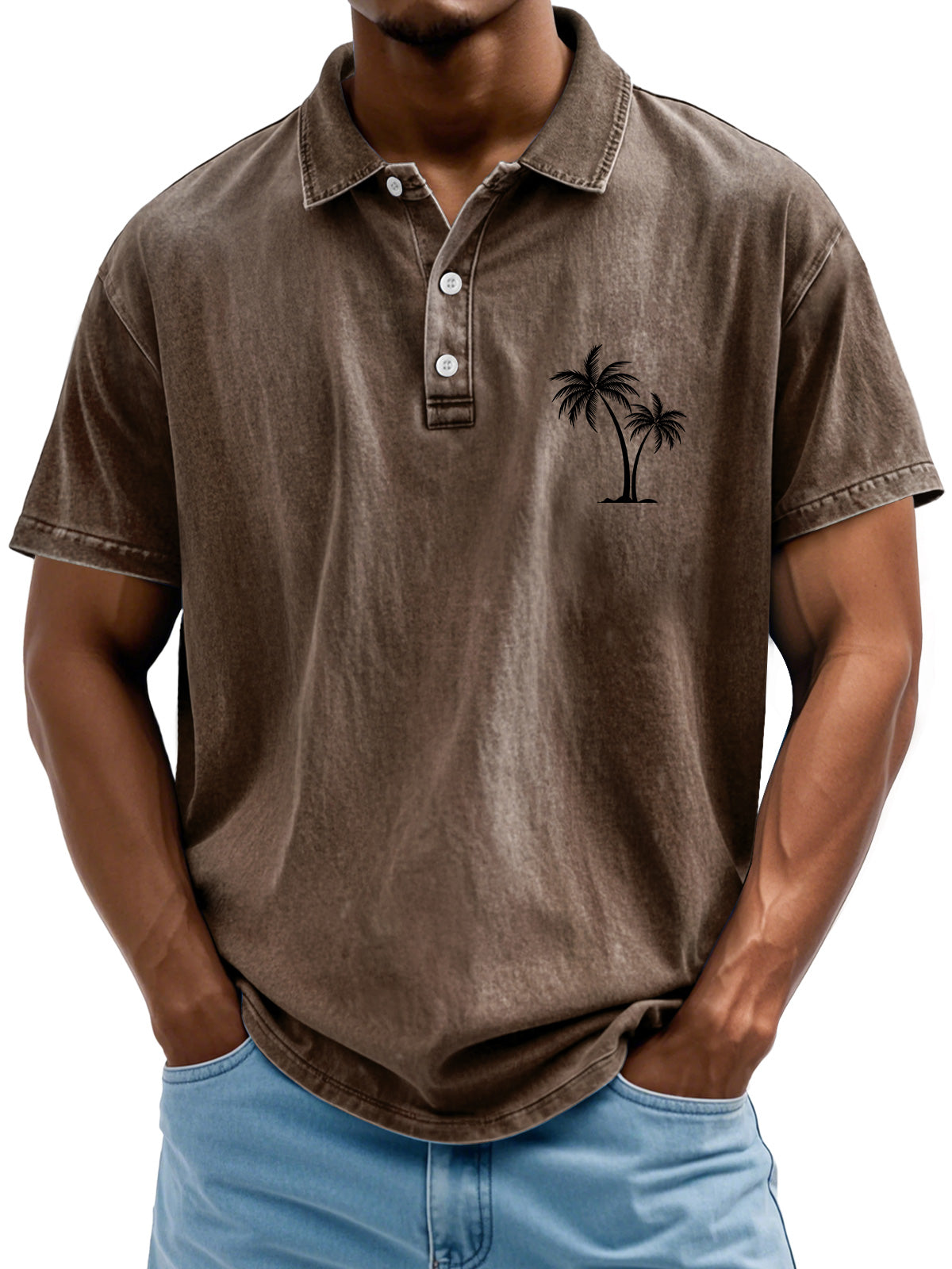 Men's Retro Lapel Coconut Tree Printed Casual Short Sleeve POLO Shirt