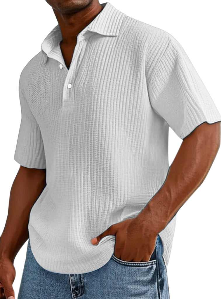 Men's Casual Solid Color Pleated Texture Short-sleeved Button Polo Shirt