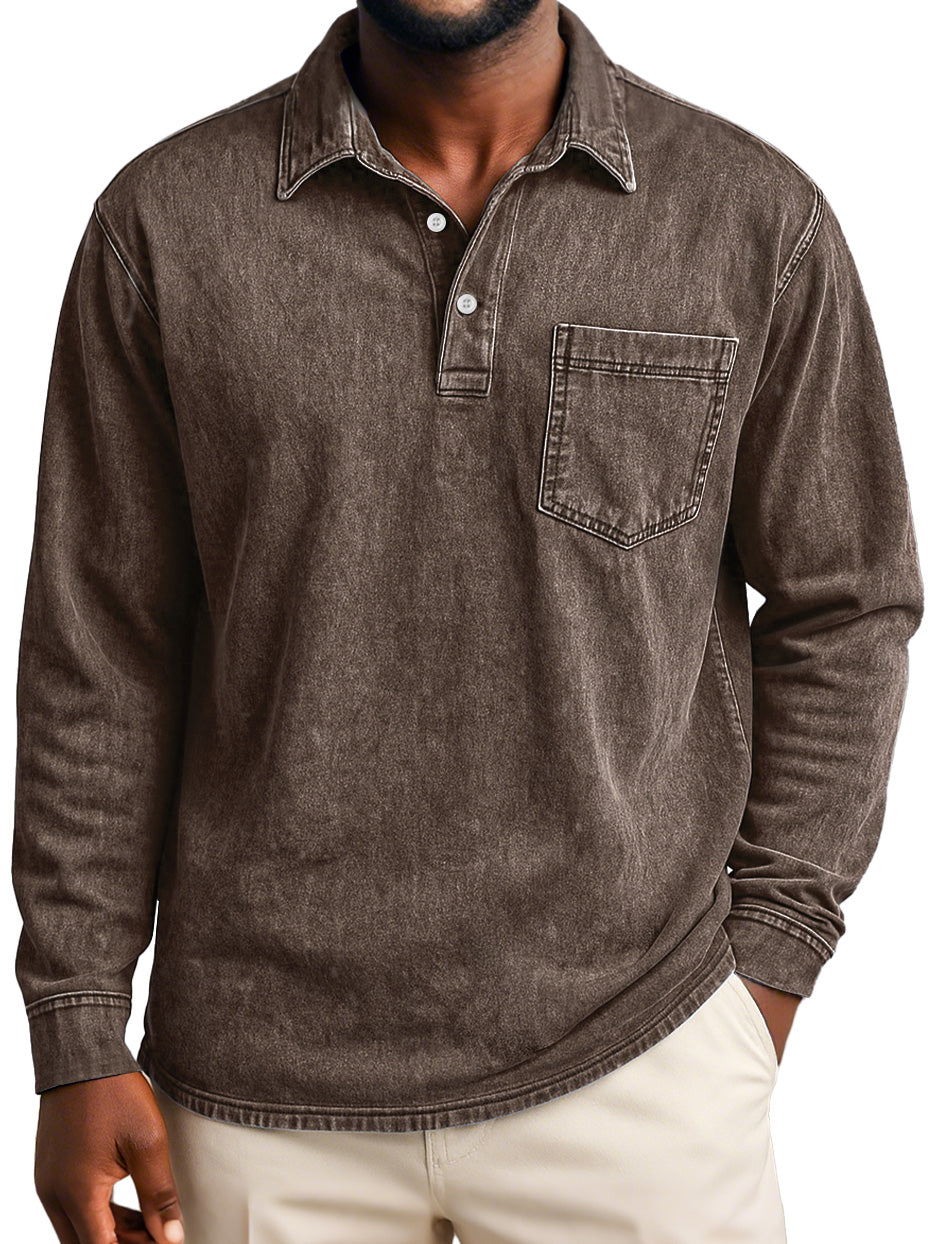 Men's Retro Casual Lapel Pocket Distressed Long-sleeved Polo Shirt