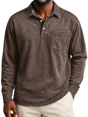 Men's Retro Casual Lapel Pocket Distressed Long-sleeved Polo Shirt