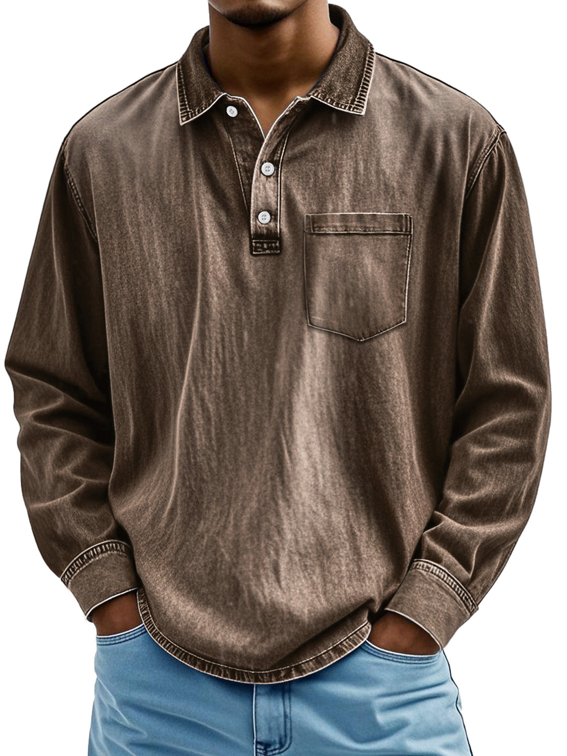 Men's Retro Lapel Button Casual Pocket Comfortable Long Sleeve Polo Shirt