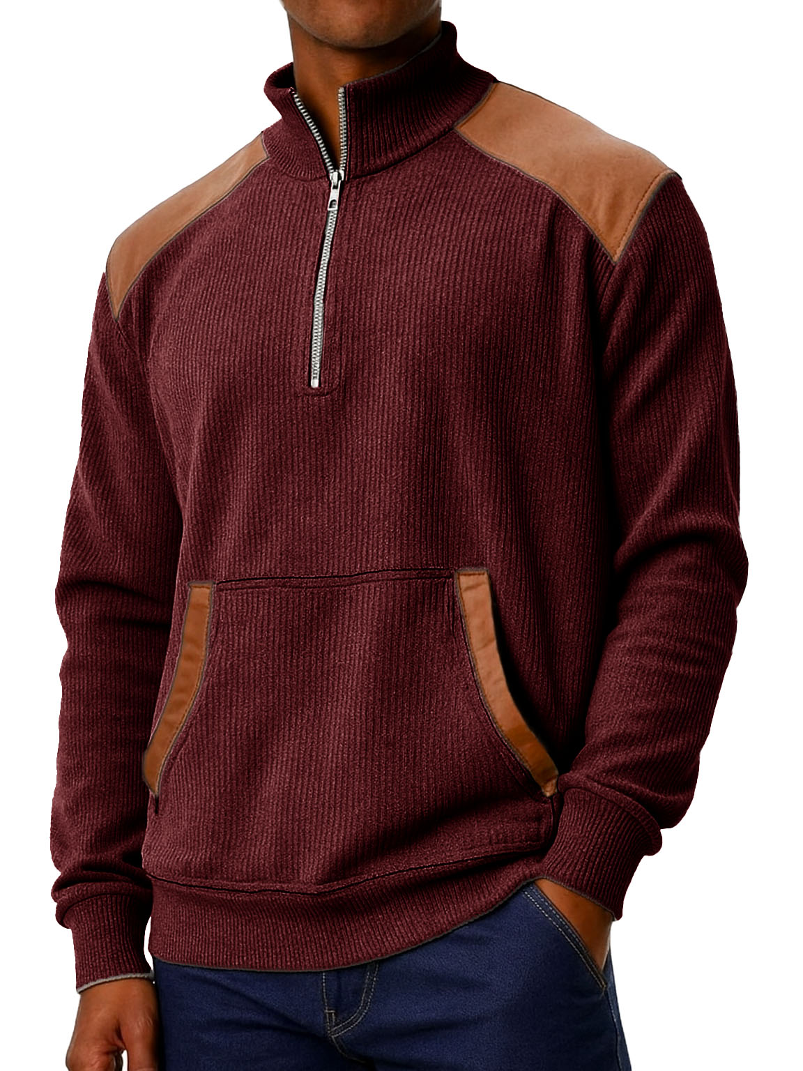 Men's Clothing Fashionable Casual Stitching Pit Strip Corduroy Fabric Pockets Stand Collar Zipper Sweatshirt 