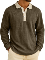 Men's Retro Everyday Colorblock Lapel Button Comfort Long Sleeve Polo Shirt