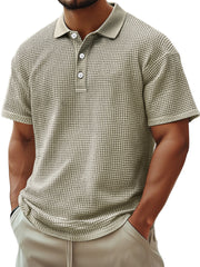 Men's Everyday Waffle Casual Lapel Button Down Comfortable Short-sleeved Polo Shirt