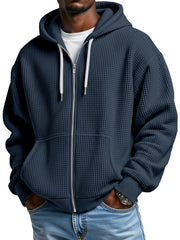Men's Casual Solid Color Waffle Long Sleeve Hooded Coat