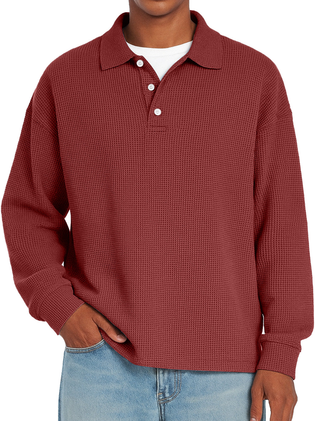 Men's Daily Waffle Casual Lapel Button Loose Long Sleeve Polo Shirt