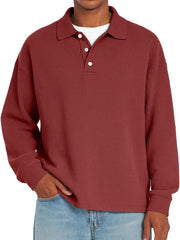 Men's Daily Waffle Casual Lapel Button Loose Long Sleeve Polo Shirt