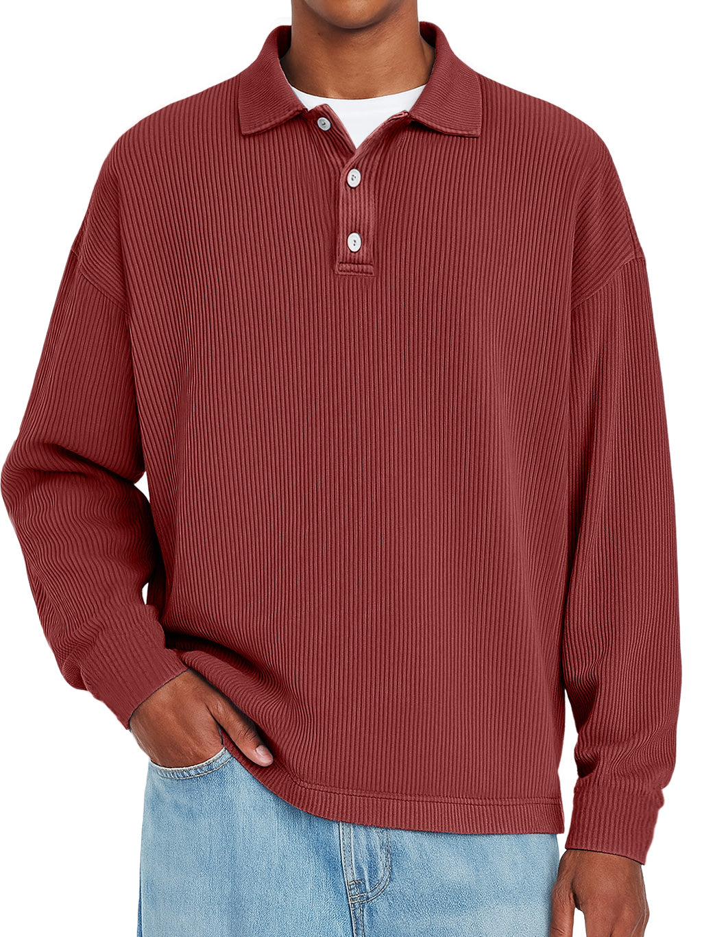 Men's Daily Ribbed Lapel Button-down Casual Solid Color Long-sleeved Polo Shirt