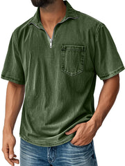 Men's Retro Stand Collar Zipper Casual Pocket Comfortable Short Sleeve T-shirt