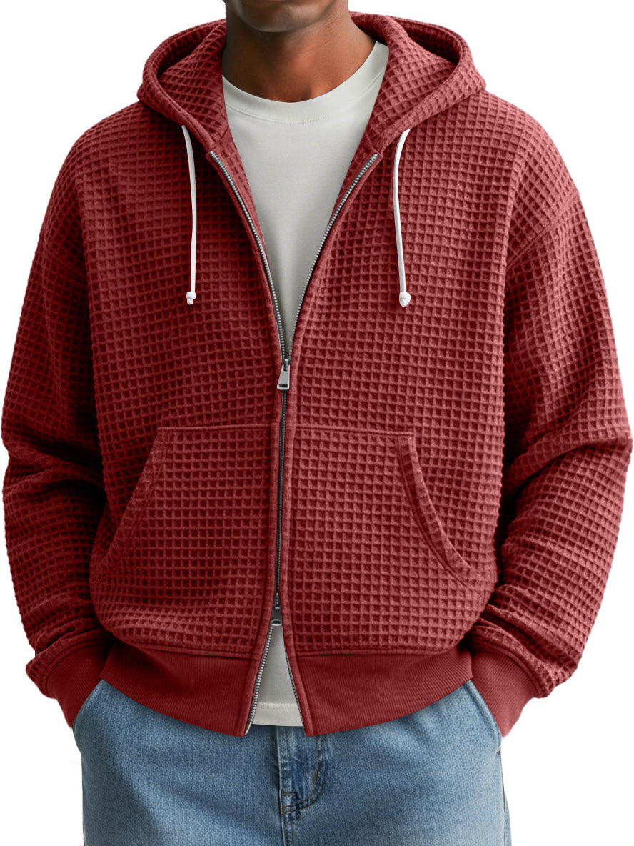 Men's Fashion Waffle Texture Casual Loose Hooded Zipper Jacket
