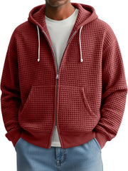 Men's Fashion Waffle Texture Casual Loose Hooded Zipper Jacket