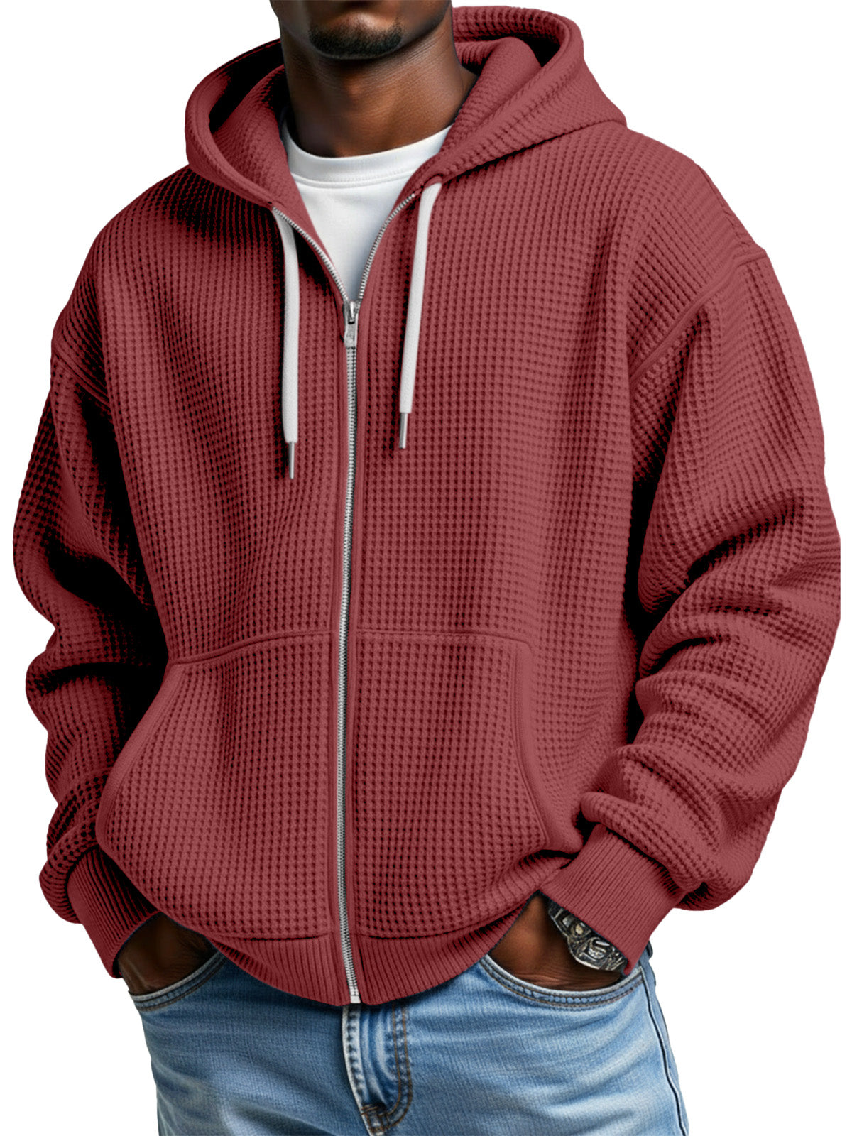 Men's Casual Solid Color Waffle Long Sleeve Hooded Coat