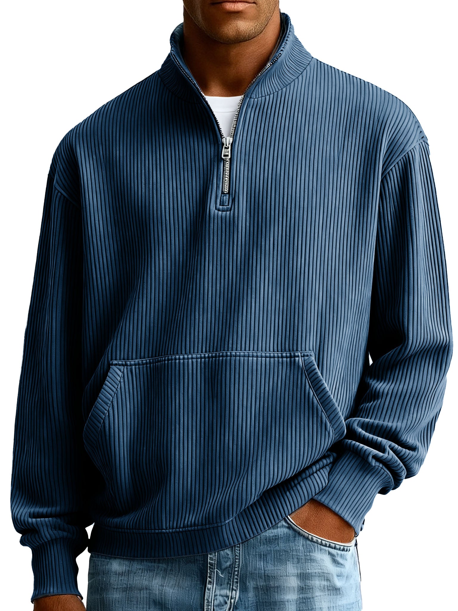  Men's Fashionable Casual Ribbed Fabric Stand-up Collar Half-zip Long-sleeved Sweatshirt