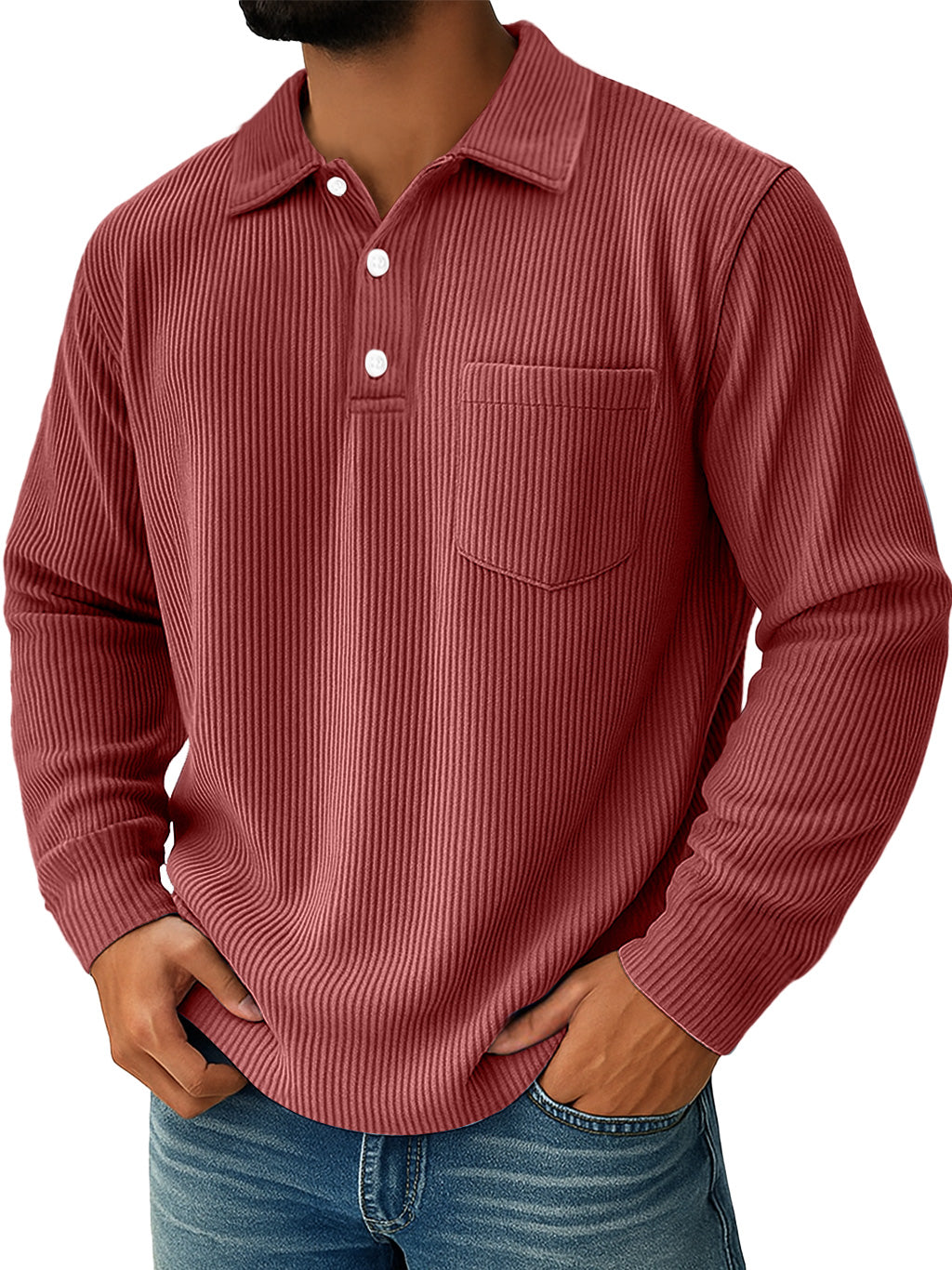 Men's Daily Ribbed Lapel Button-down Casual Pocket Long-sleeved Polo Shirt