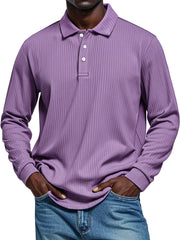 Men's Pit Texture Casual Button Solid Color Long-sleeved Polo Shirt