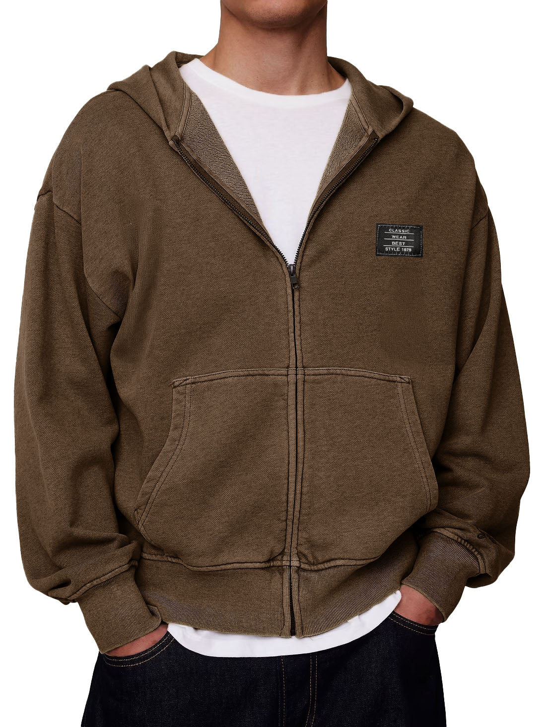 Men's Stylish Retro Outdoor Loose-fitting Embroidered Logo Pocket Long-sleeved Zip-up Hooded Sweatshirt