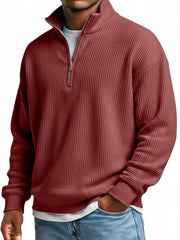 Men's Everyday Waffle Stand Collar Zipper Casual Long Sleeve T-shirt