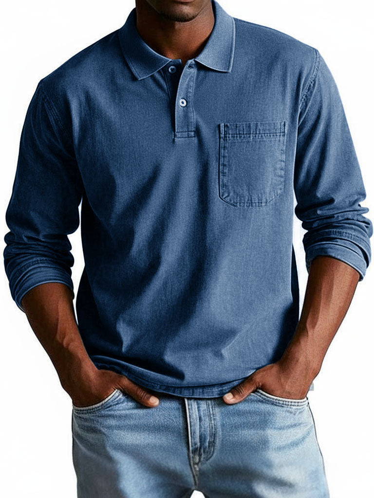 Men's Trendy Retro Lapel Long-sleeved Pocket Polo Shirt 