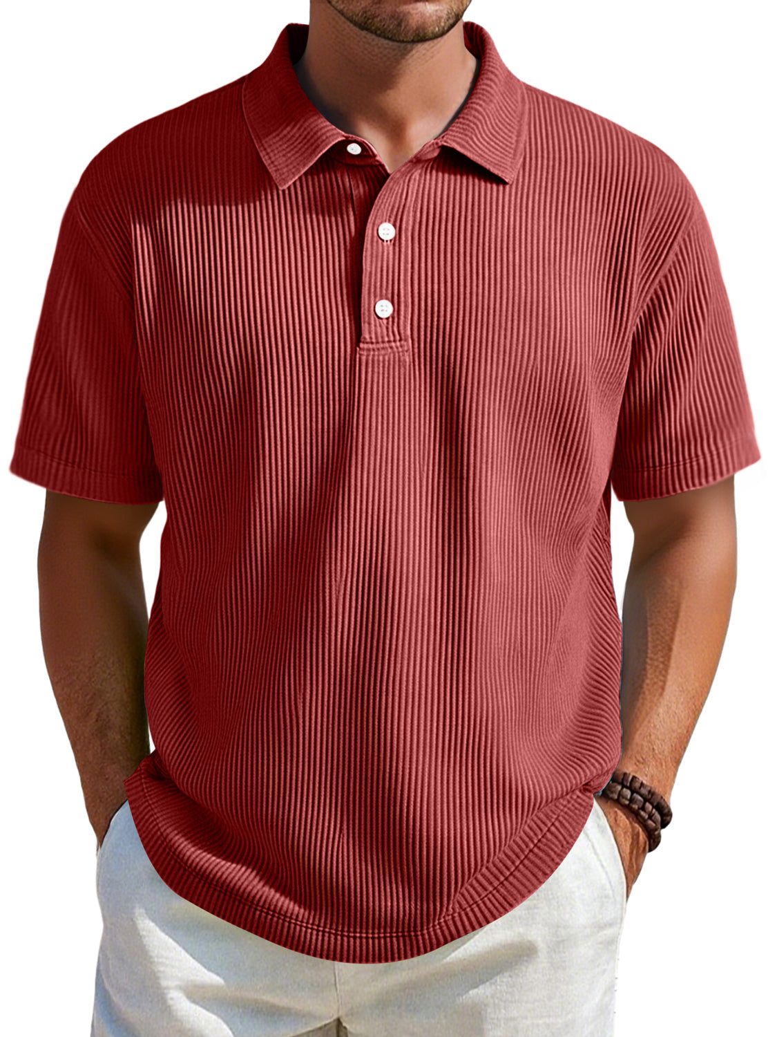 Men's Daily Ribbed Lapel Button Casual Solid Color Short-sleeved Polo Shirt