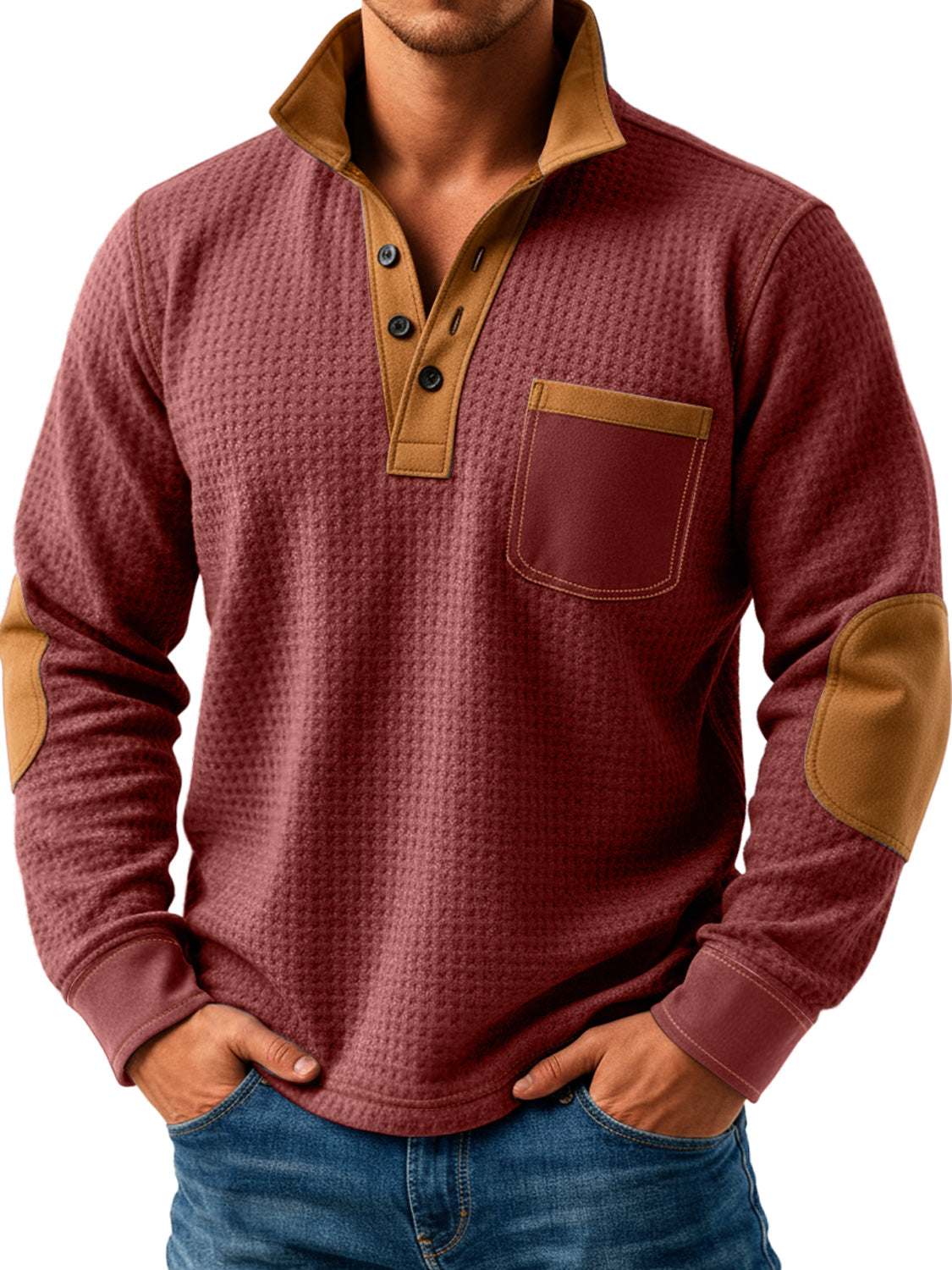 Men's Retro Texture Splicing Stand Collar Button Casual Long Sleeve POLO Shirt
