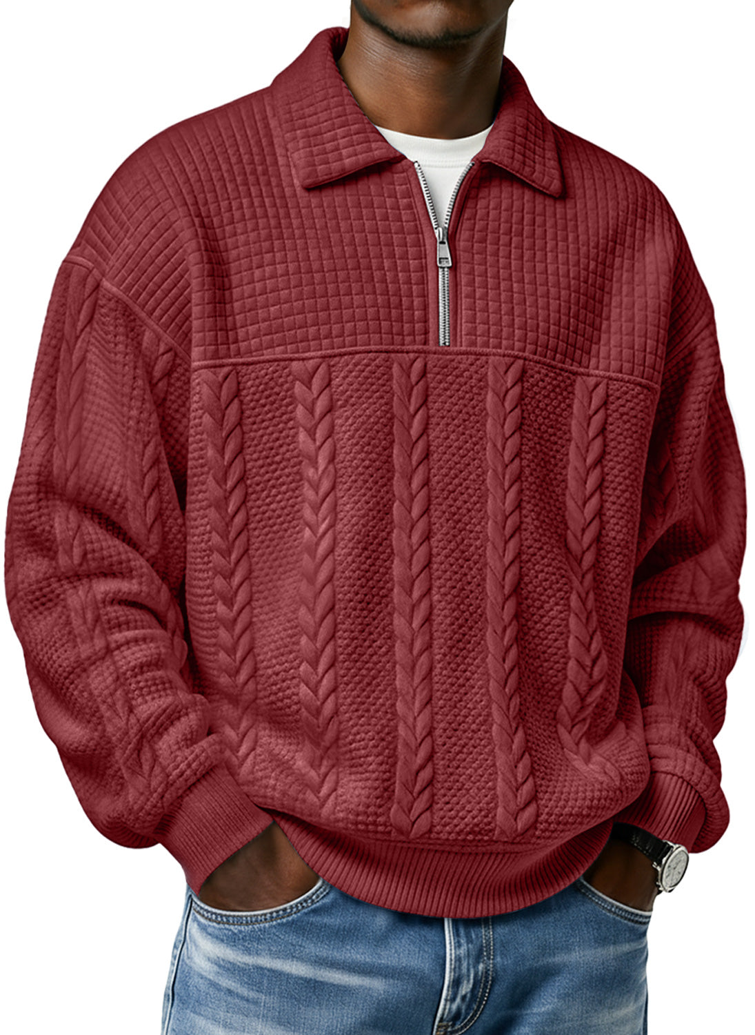 Men's Textured Lapel Zipper Casual Long Sleeve Polo Shirt