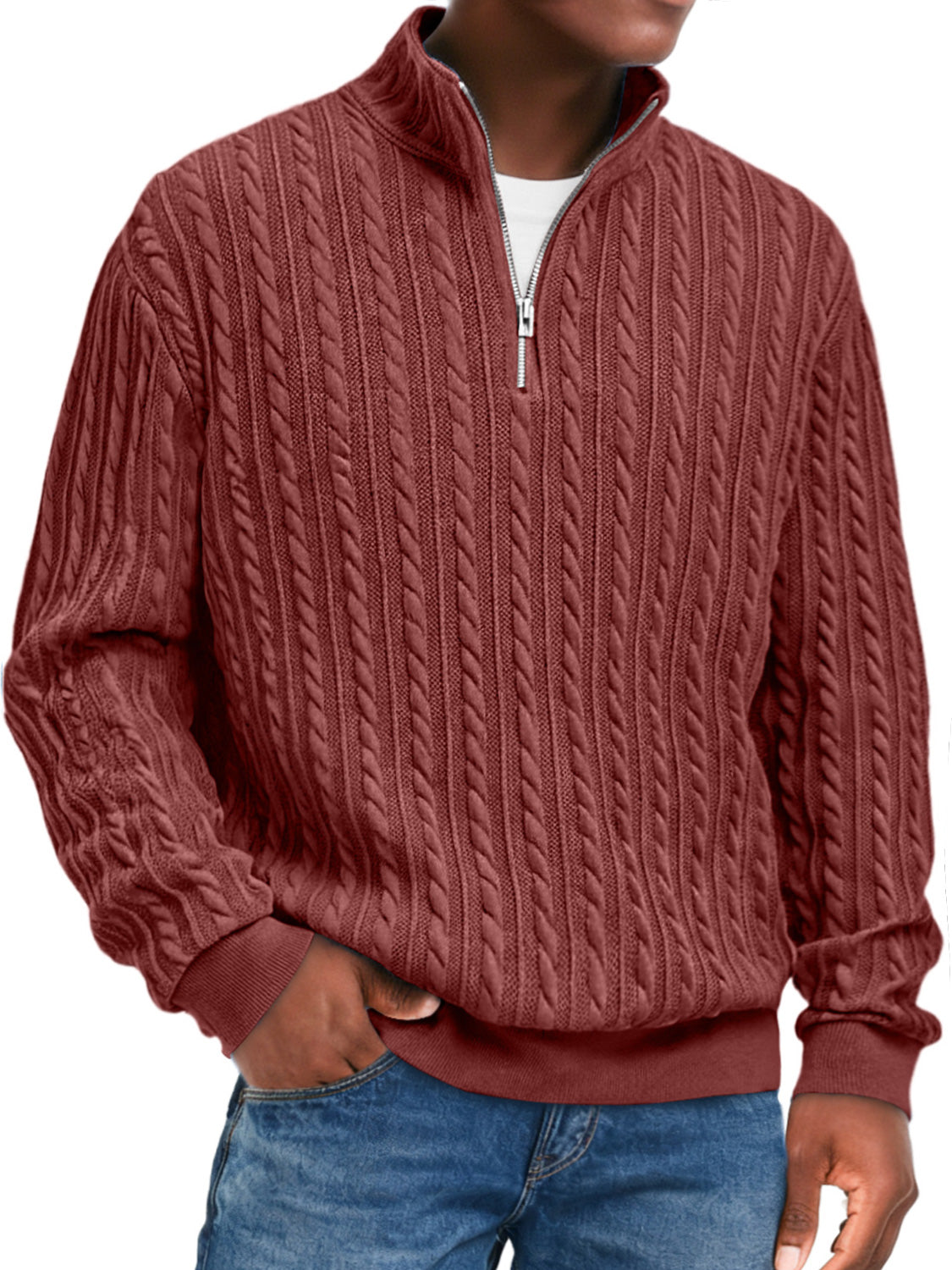 Men's Fashion Textured Stand Collar Zipper Casual Long Sleeve T-shirt