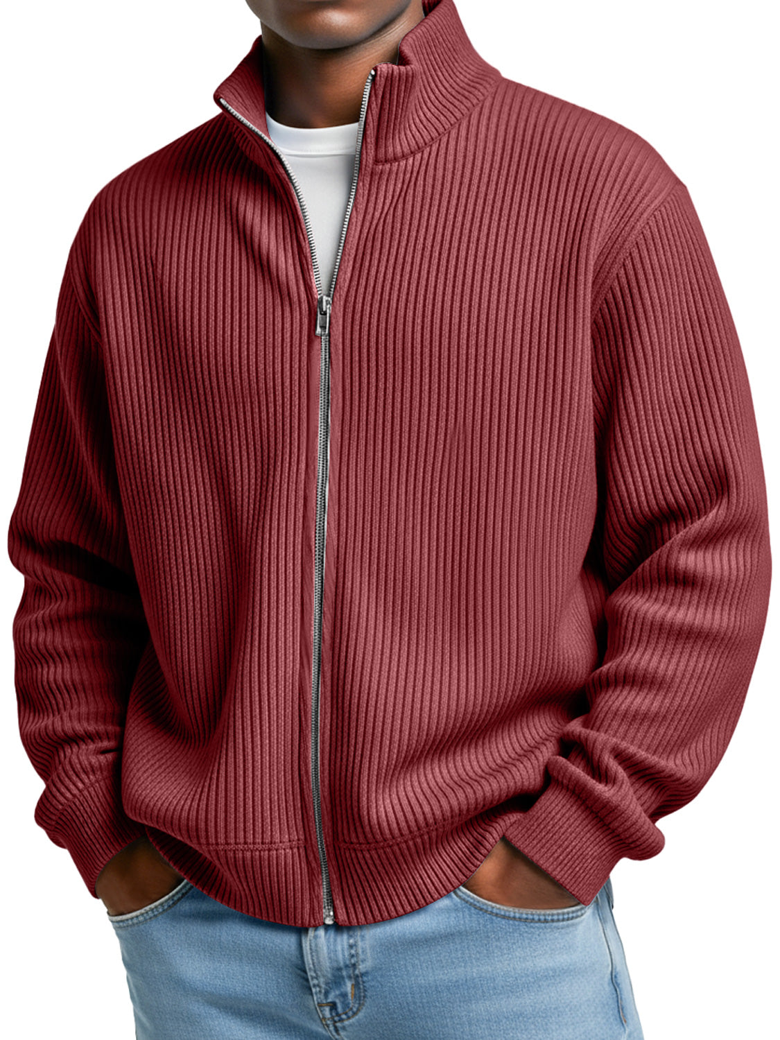 Men's Simple Stand-up Collar Ribbed Casual Loose Zipper Jacket