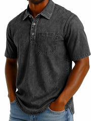 Men's Fashion Casual Retro Washed Short-sleeved Lapel Pocket Polo Shirt 