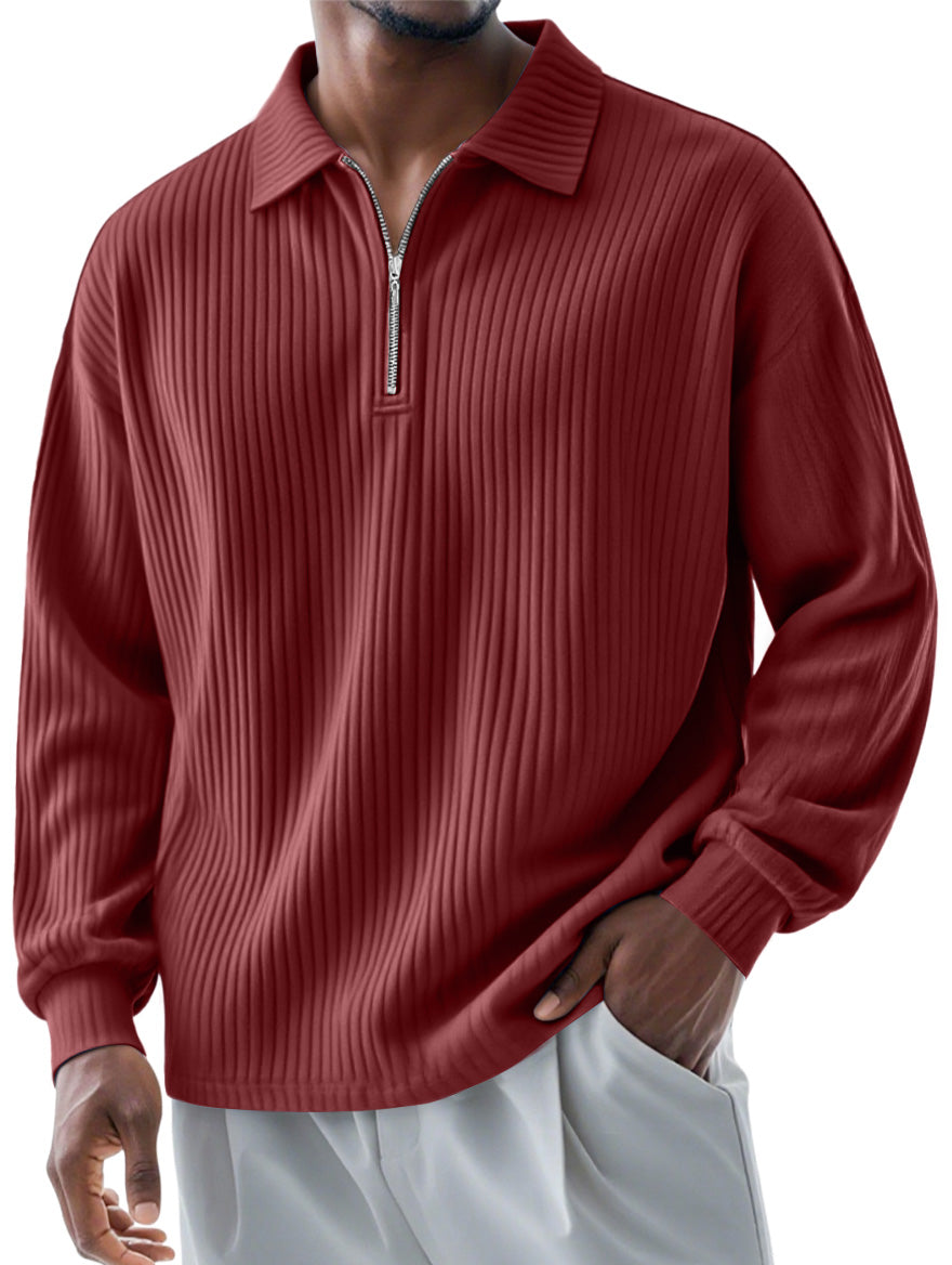 Men's Fashionable Ribbed Lapel Zipper Casual Long-sleeved Polo Shirt