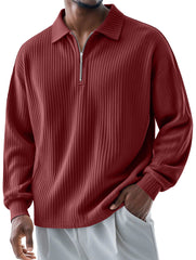 Men's Fashionable Ribbed Lapel Zipper Casual Long-sleeved Polo Shirt