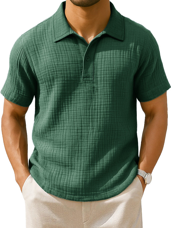  Men's Clothing Fashionable Casual Jacquard Pleated Fabric Lapel Short-sleeved Loose Polo Shirt 