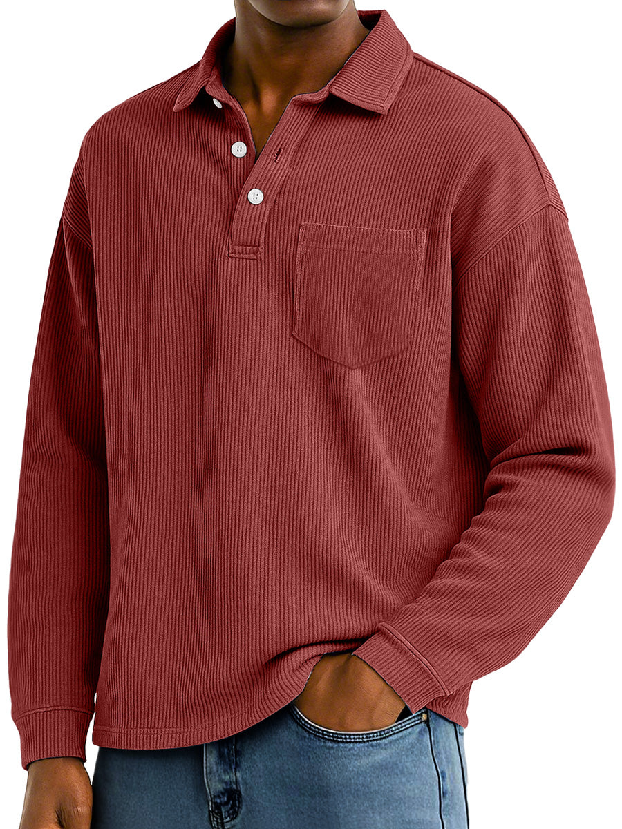Men's Daily Ribbed Lapel Button-down Casual Pocket Polo Shirt