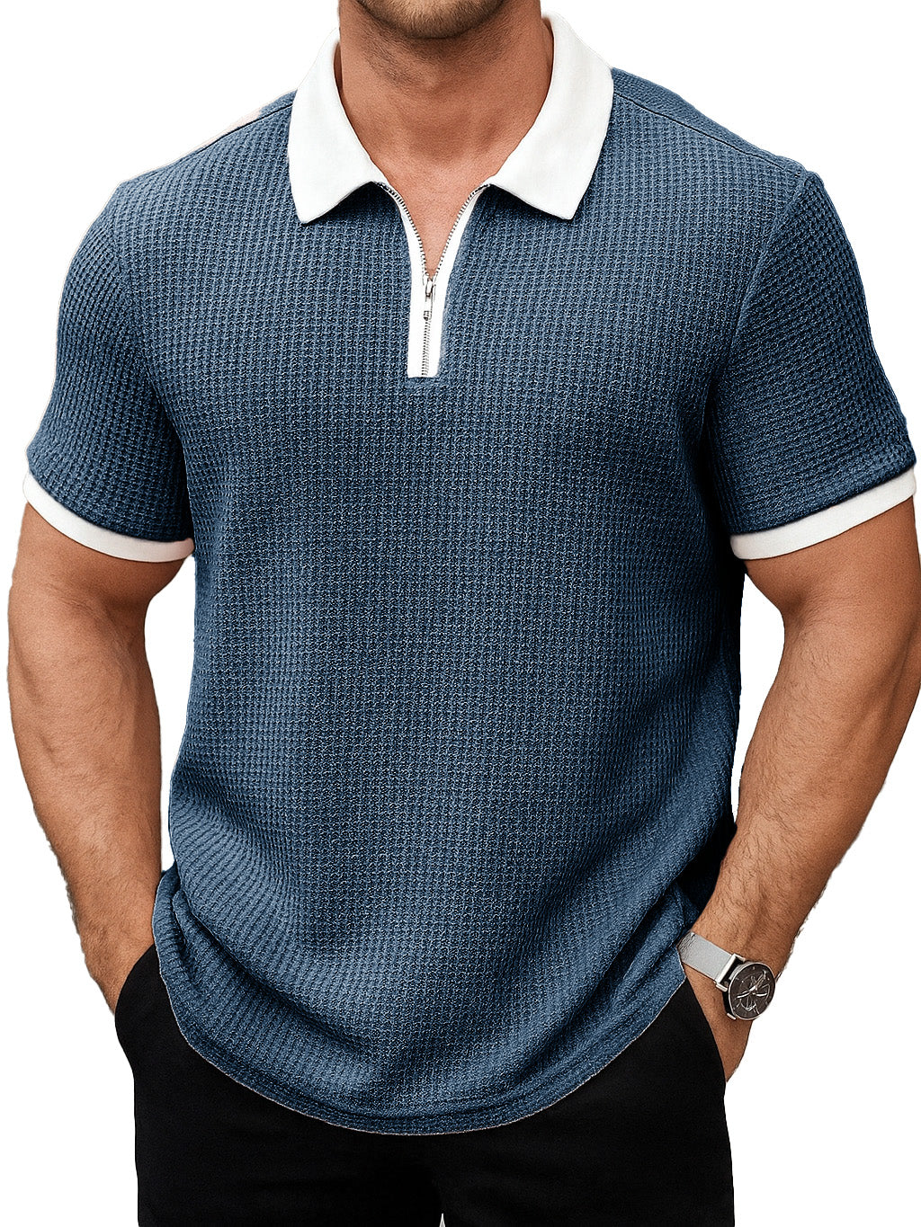 Men's Daily Casual Patchwork Waffle Fabric Lapel Short-sleeved Polo Shirt 