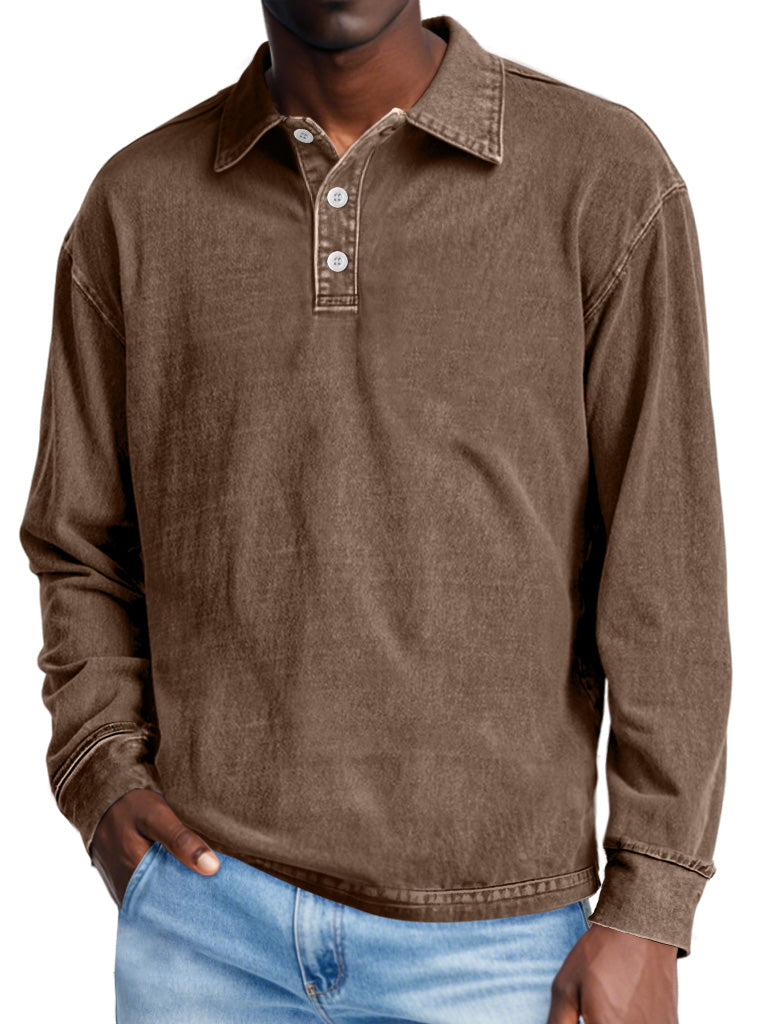 Men's Retro Distressed Lapel Button Casual Solid Color POLO Shirt