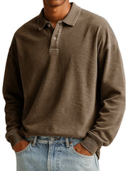  Men's Stylish Casual Padded Lapel Button-stitched Ribbed Long-sleeved Polo Shirt 