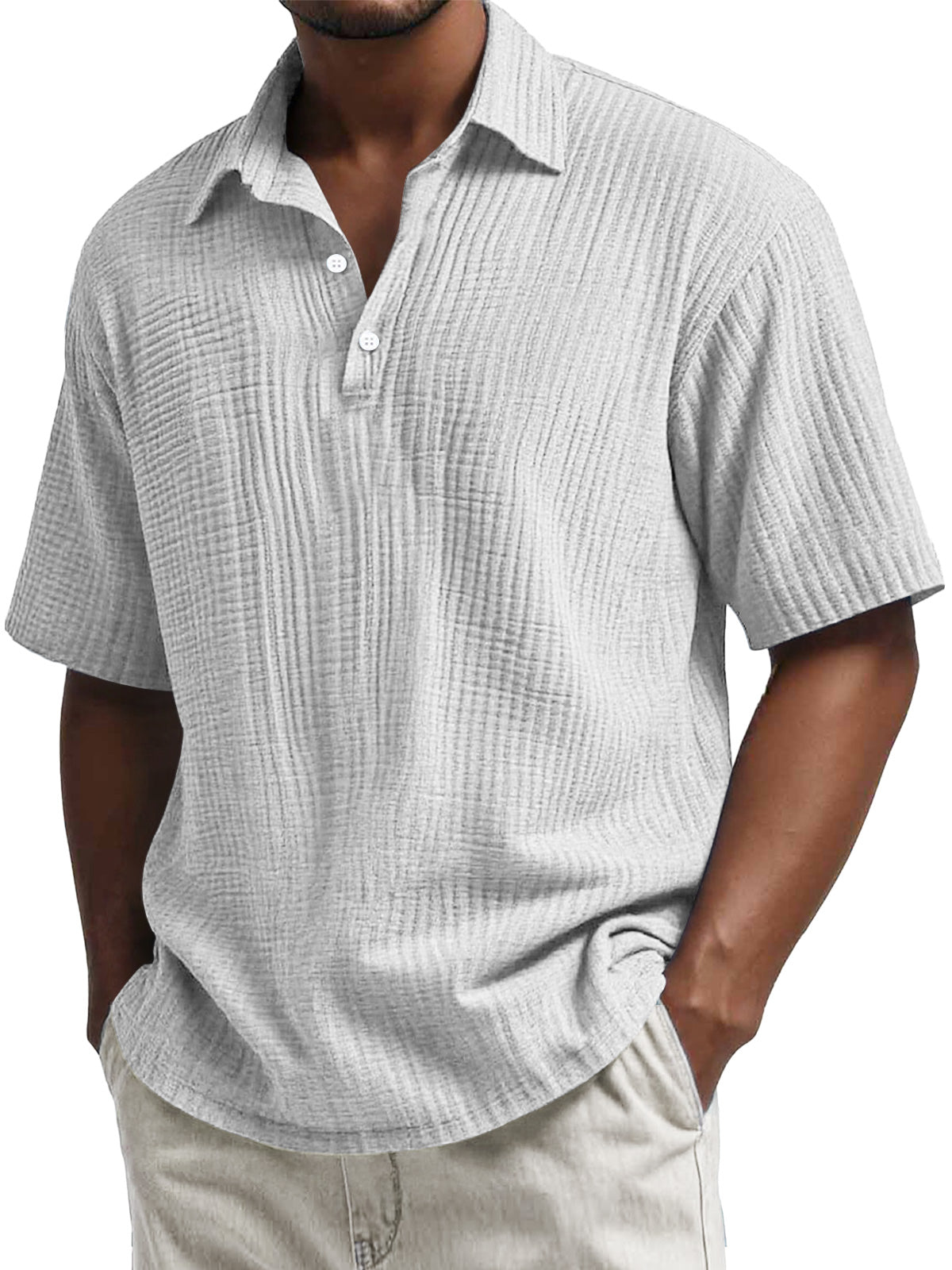 Men's Daily Pleated Texture Lapel Button Casual Short Sleeve POLO Shirt