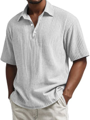 Men's Daily Pleated Texture Lapel Button Casual Short Sleeve POLO Shirt