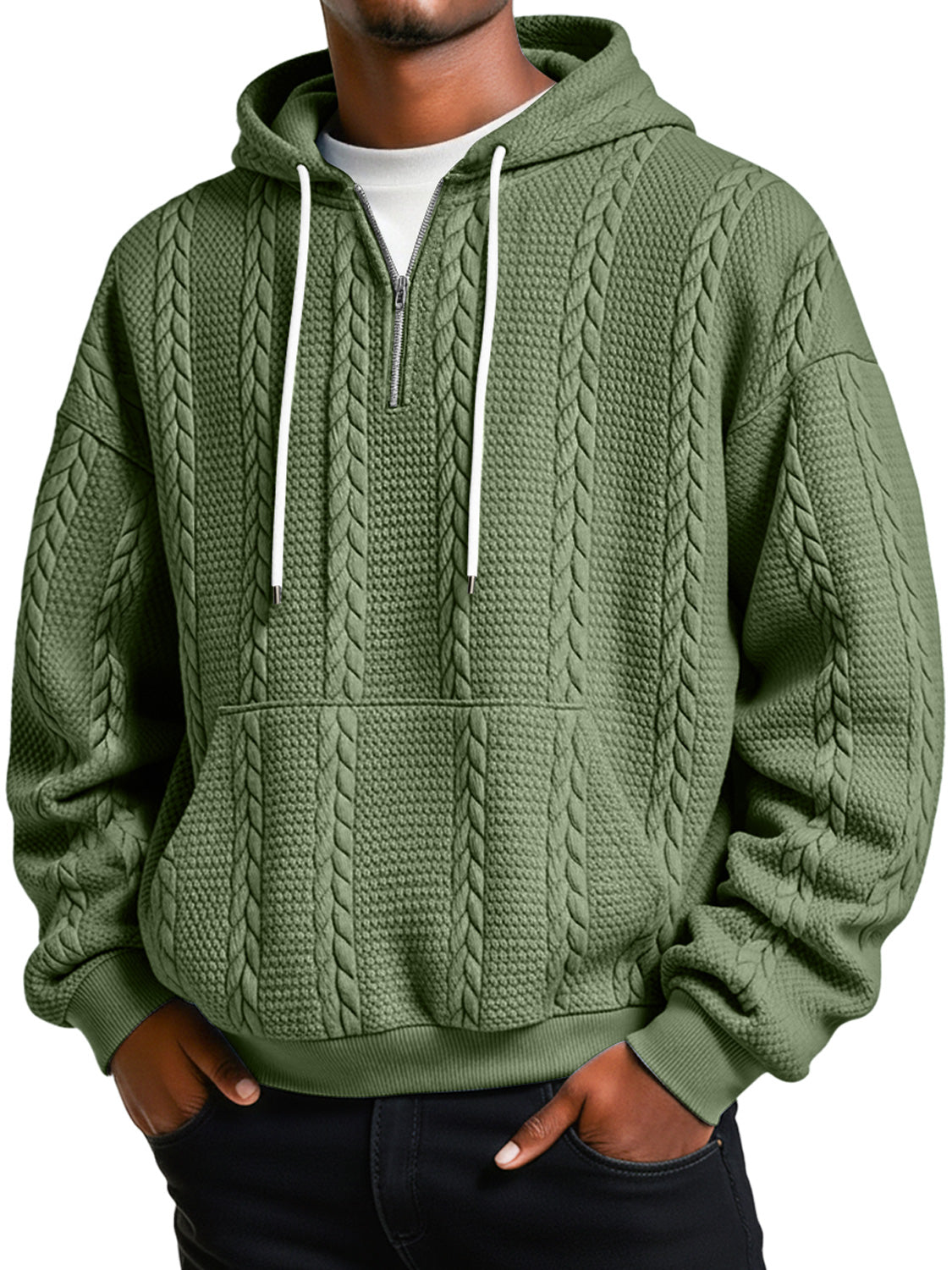 Men's Jacquard Texture Casual Zipper Hooded Loose Sweatshirt