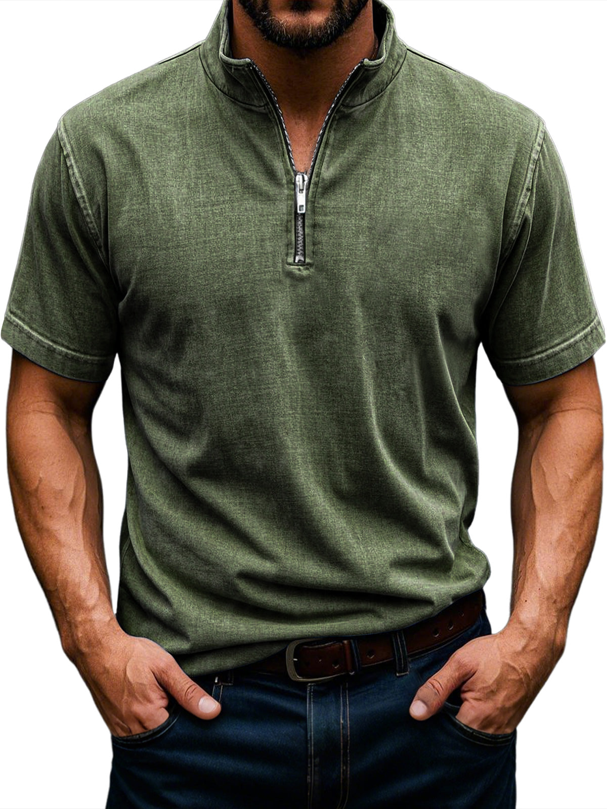 Men's Retro Stand Collar Zipper Casual Solid Color Short Sleeve T-Shirt
