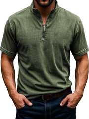 Men's Retro Stand Collar Zipper Casual Solid Color Short Sleeve T-Shirt