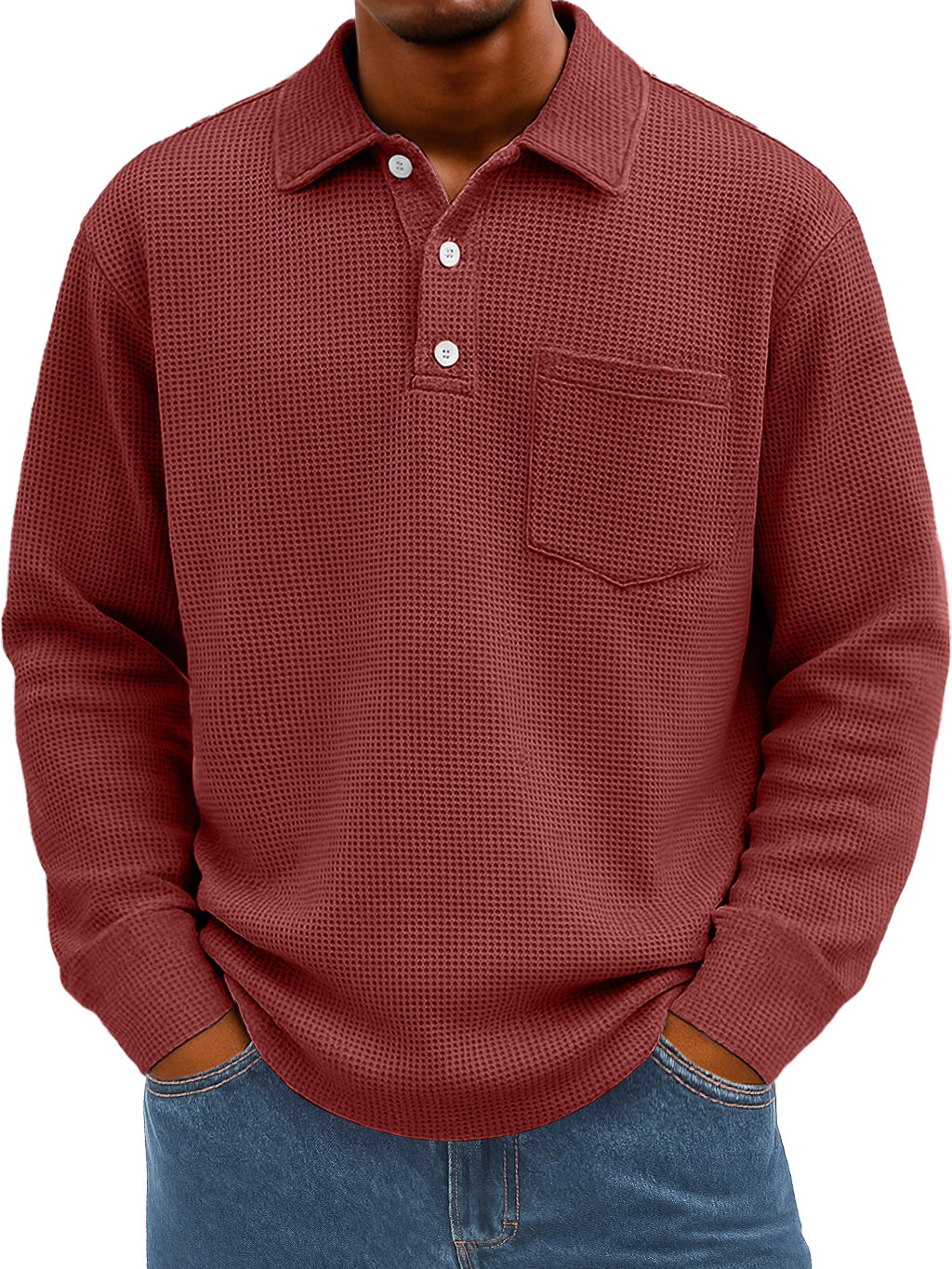 Men's Everyday Waffle Lapel Button Casual Pocket Long Sleeve Polo Shirt