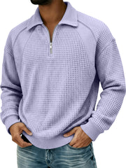 Men's Waffle Lapel Zipper Design Split Stitching Polo Shirt
